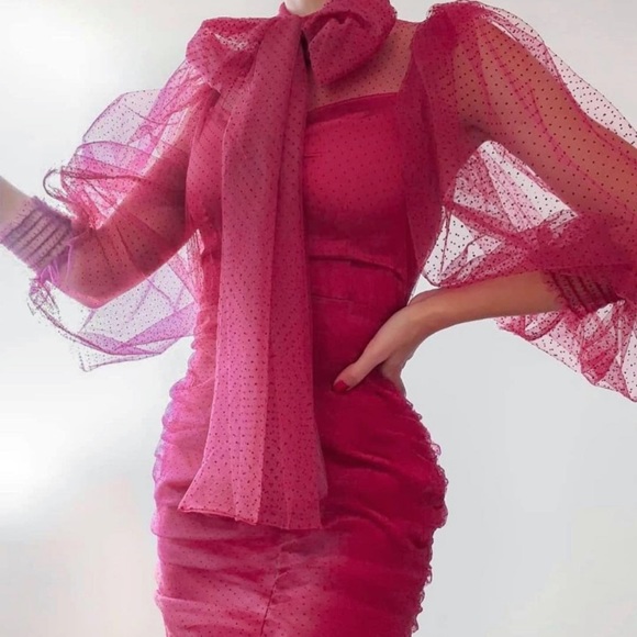 ZARA Tulle Swiss Dot Puff Sleeve Ruche Mini Dress Valentines Day Stunner 💋 - Picture 3 of 9